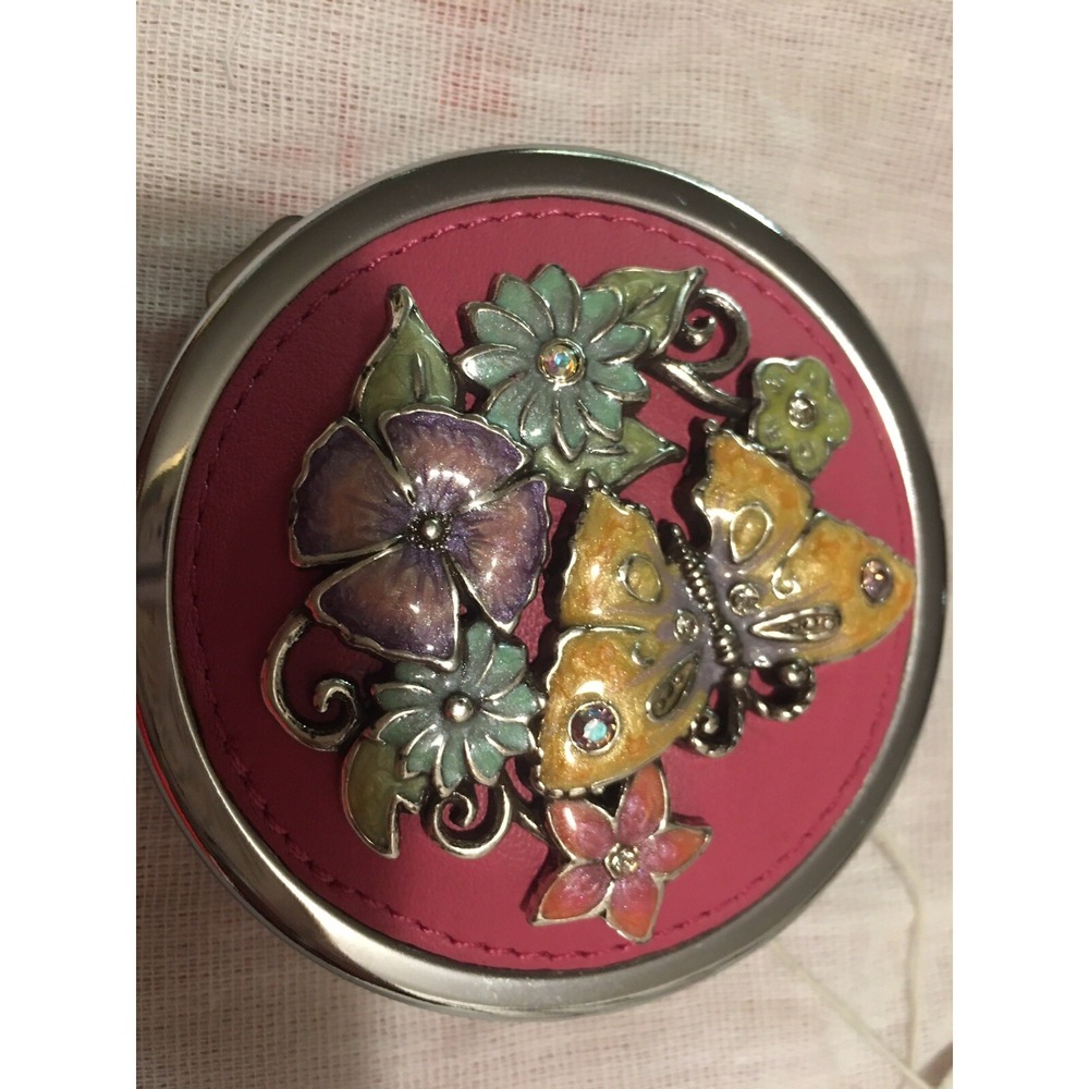 New Brighton enamel Butterfly & Flower Compact Mirror Leather & Silver Plated
